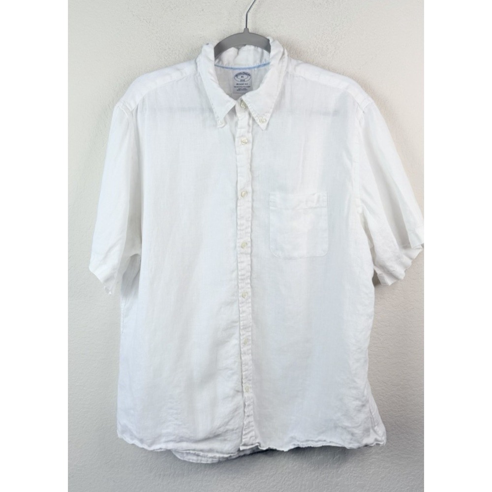 Brooks Brothers 100% Linen Shirt Men's XL White Regent Fit Short Sleeve Coastal
